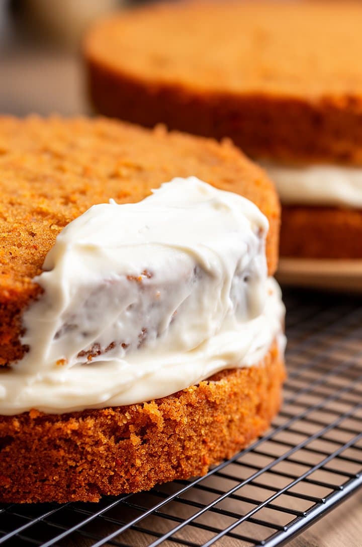 Close-up side-angle of frosting being spread between the two cake layers with an offset spatula, showing the thick white cream cheese frosting being smoothed over the bottom golden-brown cake layer, the second layer waiting on a wire rack in the soft-focus background, warm natural side lighting