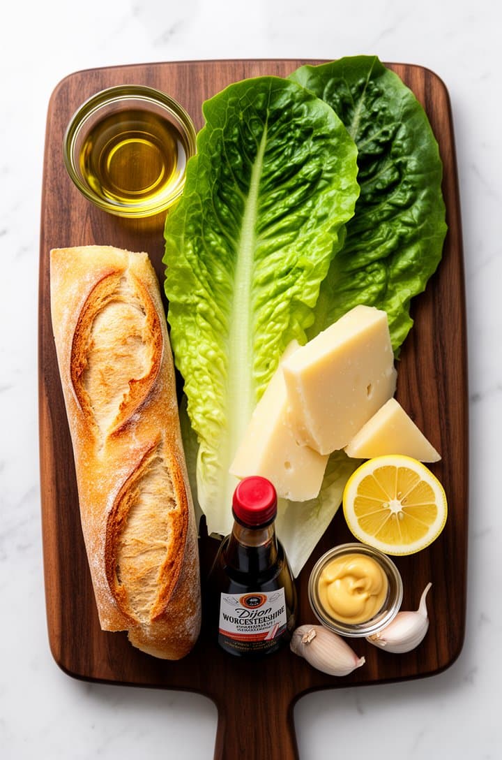 Overhead flat-lay of all Caesar salad ingredients neatly arranged on a dark walnut cutting board — whole romaine head, half baguette, parmesan wedge, olive oil in a glass bowl, halved lemon, garlic cloves, small bowl of Dijon mustard, Worcestershire sauce bottle. Bright natural lighting from top left, clean and organized composition, white marble countertop visible at edges