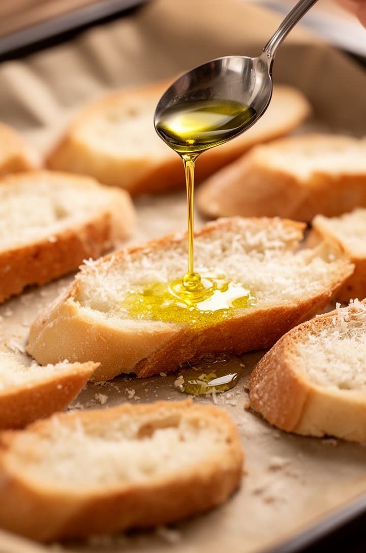 Close-up 45-degree angle of thinly sliced baguette pieces on a parchment-lined baking sheet being drizzled with garlic-infused olive oil from a small spoon, some pieces already glistening with oil and dusted with grated parmesan, warm kitchen lighting, shallow depth of field focusing on the oil drizzle