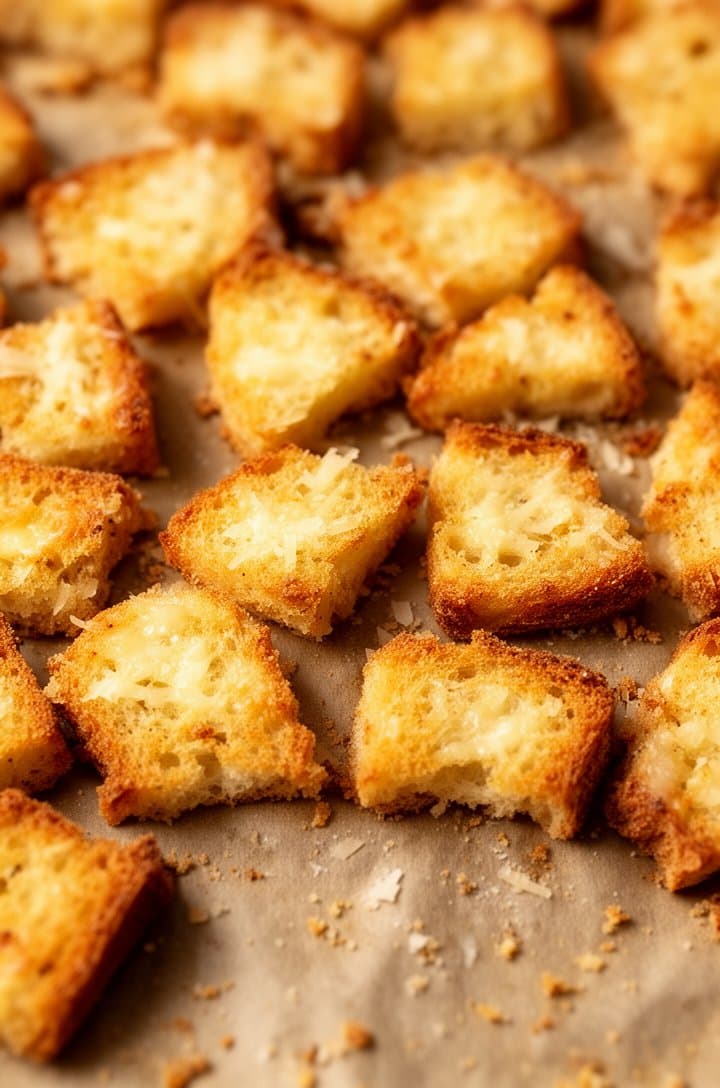 Overhead shot of golden-brown croutons on a baking sheet fresh from the oven, crispy and toasted with visible parmesan specks melted onto the surface, slightly irregular shapes showing rustic hand-cut character, warm golden tones, parchment paper with a few crumbs scattered around