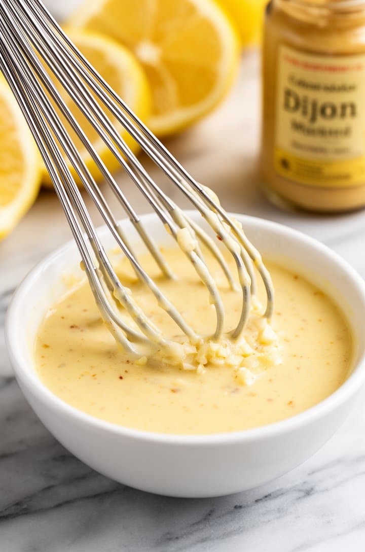 Close-up shot of a whisk in a small white bowl with freshly made Caesar dressing, showing the smooth creamy-golden emulsified texture clinging to the whisk wires, minced garlic specks visible in the dressing, lemon halves and a jar of Dijon mustard in soft bokeh background, bright natural lighting on a marble surface