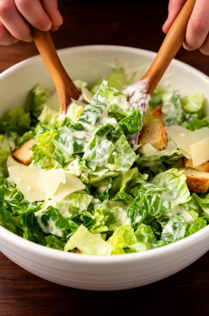 Action shot from slightly above of hands tossing chopped romaine lettuce with Caesar dressing using wooden salad servers in a large white ceramic bowl, dressing visibly coating the bright green leaves, a few croutons and parmesan shavings beginning to be added, dark wood table surface, warm natural side lighting
