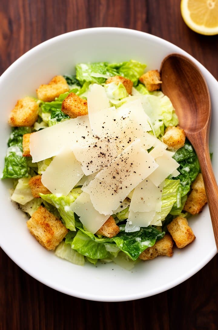 Final plated Caesar salad in a large white bowl shot from directly overhead at close range, romaine leaves tossed and glistening with dressing, golden croutons scattered throughout, large parmesan shavings and curls draped across the top, generous crack of black pepper, wooden serving spoon on the right side, dark walnut table with a lemon wedge at the edge of frame, professional food blog photography with warm natural light