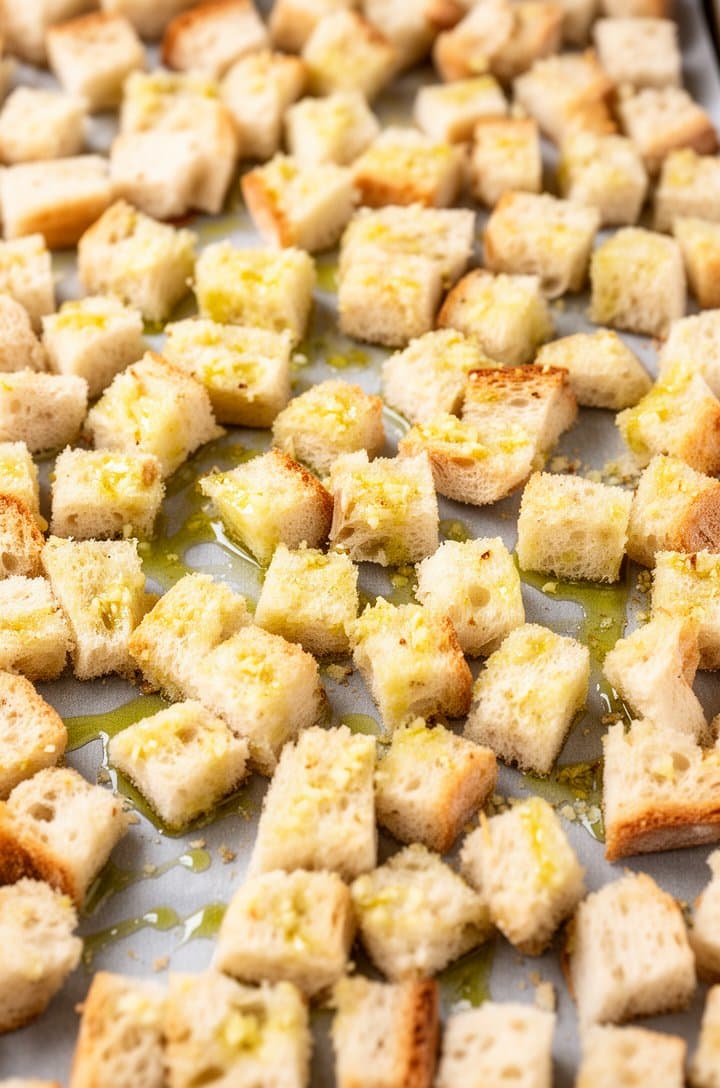 Overhead shot of cubed ciabatta bread tossed with garlic olive oil spread on a parchment-lined baking sheet before going into the oven, raw bread cubes glistening with oil, flecks of grated garlic visible, even spacing between cubes, bright natural lighting from above, clean and appetizing