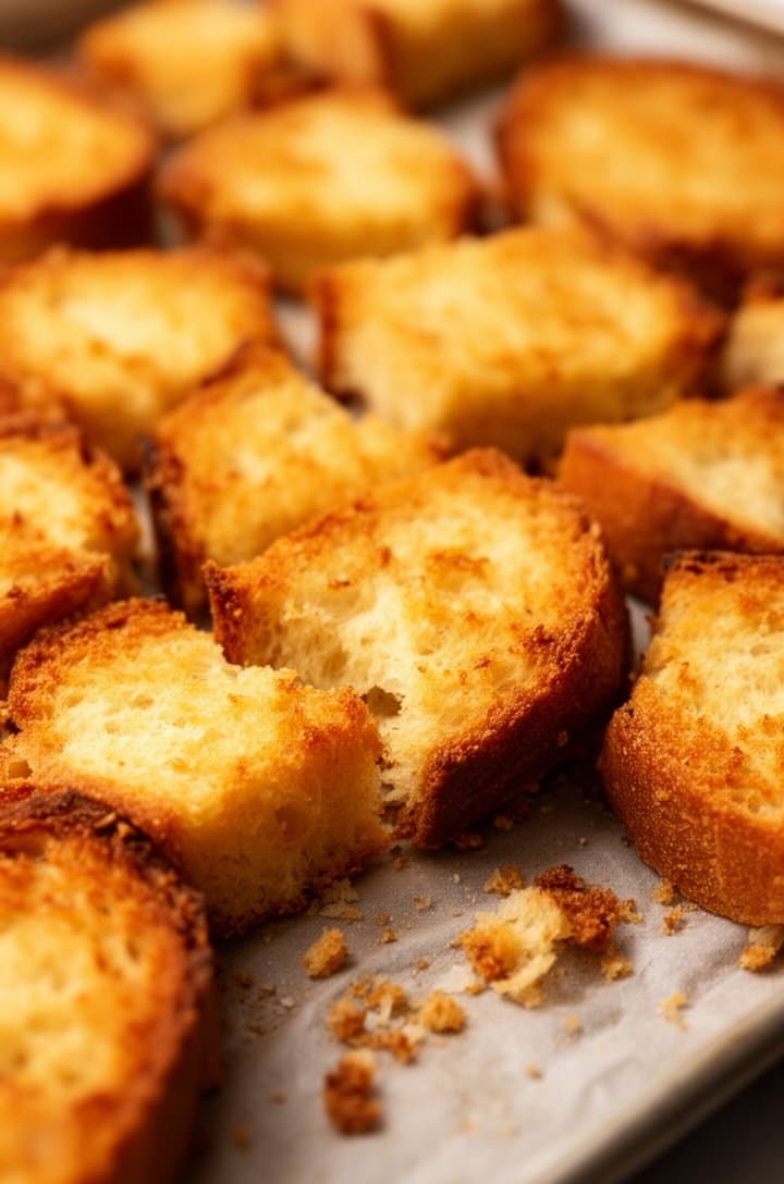 Close-up of golden-brown baked croutons fresh from the oven on the same baking sheet, deeply golden edges with lighter centers, crispy and rustic texture visible, a few crumbs scattered on the parchment, warm amber tones from oven lighting, shallow depth of field