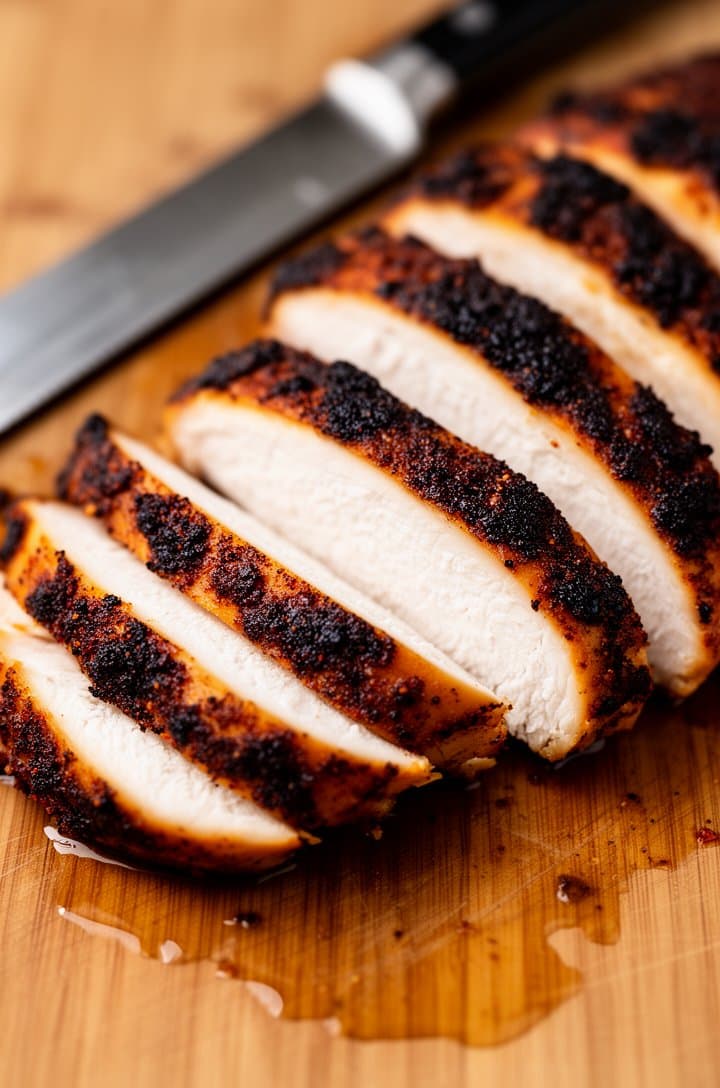 Side-angle close-up of sliced blackened chicken breast on a wooden cutting board, knife resting nearby, showing the juicy white interior contrasting with the dark charred Cajun crust on the outside, five thick even slices fanned out, juice pooling on the board, warm side lighting creating depth