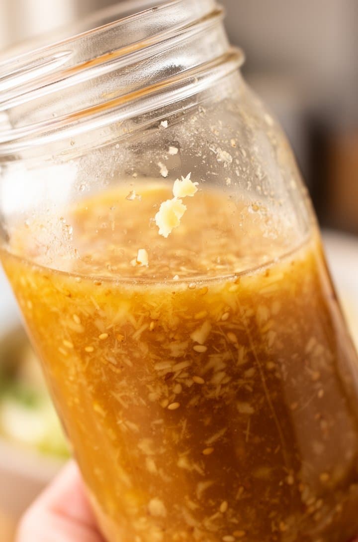 Close-up of a glass jar being shaken with sesame-ginger dressing inside — amber liquid with visible flecks of grated ginger and minced garlic, slightly emulsified and creamy, the jar held at a slight angle against a blurred light kitchen background, warm natural side lighting catching the golden color of the dressing through the glass