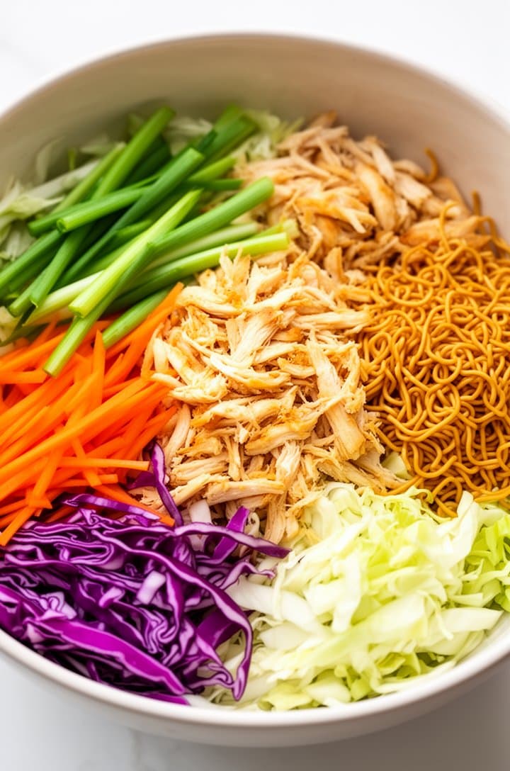 Overhead shot of a large mixing bowl with all salad ingredients layered before tossing — shredded napa cabbage as the base, red cabbage ribbons, julienned bright orange carrots, shredded golden chicken, diagonal-cut green onions, and crispy noodles arranged in distinct sections showing each component, bright natural daylight, clean white surface