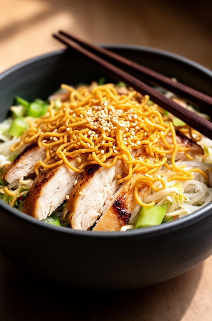 45-degree angle close-up of a single serving of Chinese chicken salad in a dark matte ceramic bowl, golden crispy noodles and toasted sesame seeds scattered on top catching the light, a pair of dark wooden chopsticks resting on the rim, warm natural side lighting from the left creating gentle shadows, shallow depth of field with the background softly blurred, professional food blog plating photography