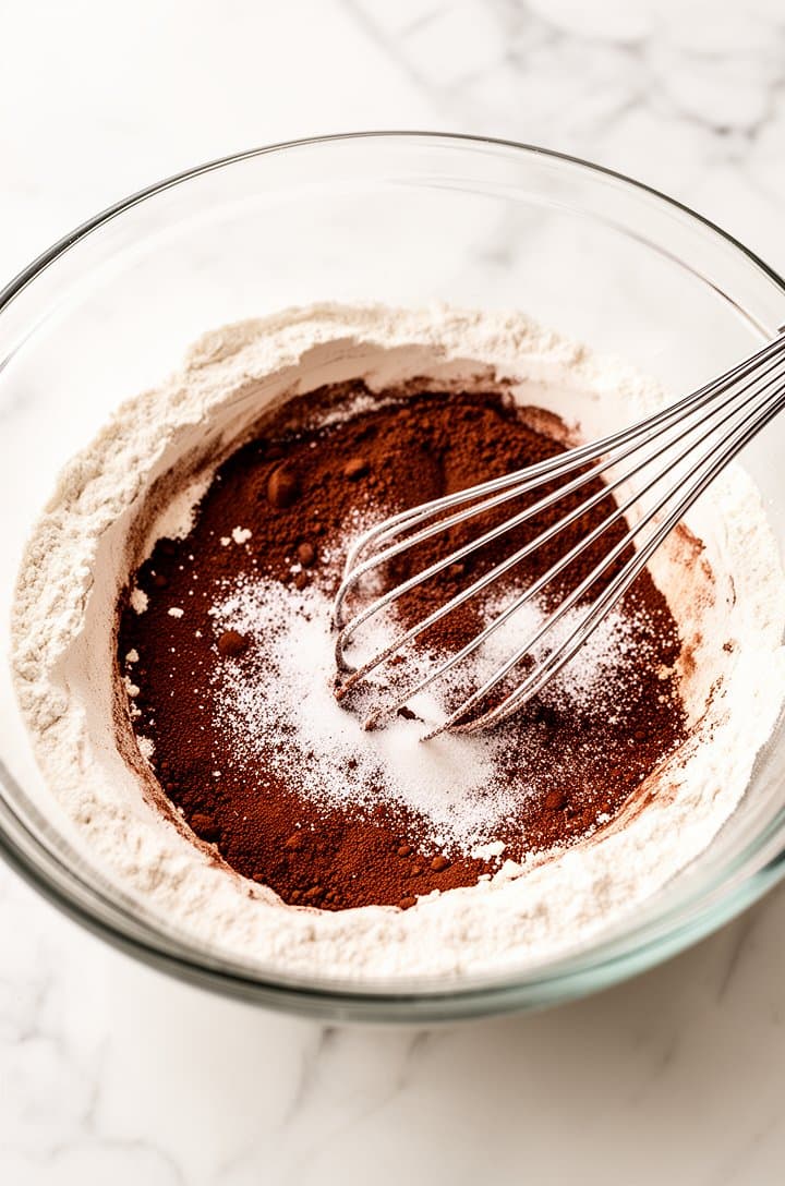 Overhead shot of a large glass mixing bowl with dry ingredients — flour, sugar, dark cocoa powder, baking powder, baking soda, and salt — being whisked together, creating streaks of brown cocoa through white flour. A wire whisk rests in the bowl. White marble countertop background, bright natural lighting from above, clean and minimal composition, professional food photography