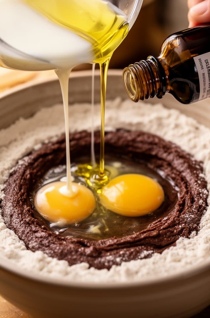 Close-up 45-degree angle of wet ingredients being poured into the dry mixture in the large bowl — streams of milk and golden vegetable oil visible, two cracked eggs already in the batter, vanilla extract bottle nearby with its cap off. The mixture is starting to come together in a thick dark brown batter. Warm kitchen lighting, shallow depth of field