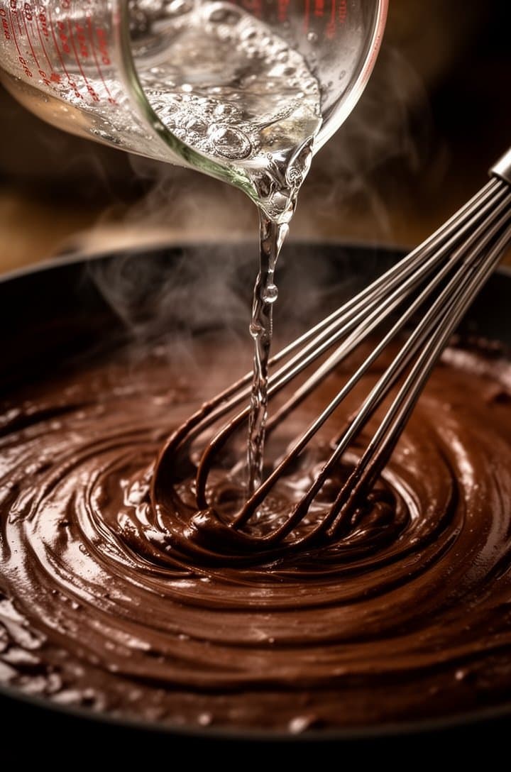 Dramatic close-up of boiling water being poured from a glass measuring cup into the chocolate cake batter, steam rising visibly, the batter becoming thin and glossy with a deep espresso-brown color. The whisk is mid-stir creating swirls in the liquid batter. Warm side lighting, moody atmosphere, professional food photography