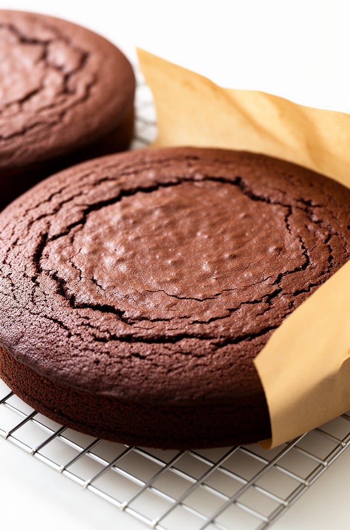 Two 9-inch round chocolate cakes cooling on a wire rack, just removed from their pans, showing flat even tops with a rich dark brown color and slightly cracked surface texture. Parchment paper peeled back from one. The cakes are perfectly risen and even. Bright natural lighting, clean white background, shot from slightly above at 30 degrees