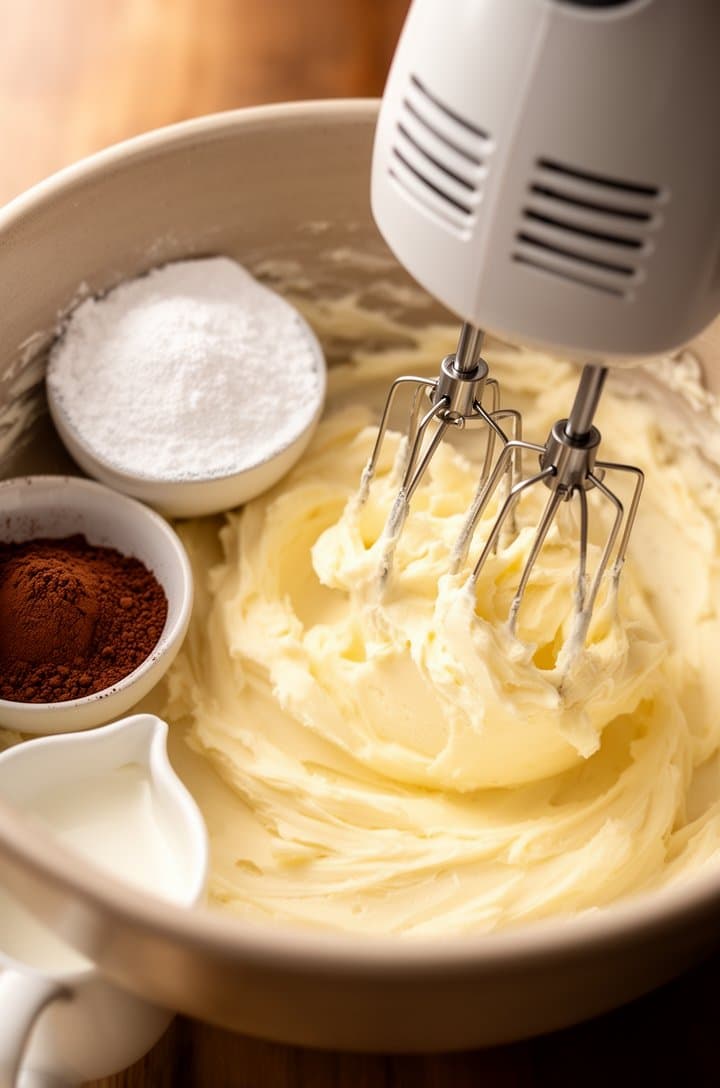 Close-up of softened butter being beaten with an electric hand mixer in a large bowl, powdered sugar and cocoa powder measured in separate bowls nearby, cream in a small pitcher. The butter is creamy and pale. Clean kitchen setting, warm natural lighting from the side, shallow depth of field, ingredients staged for the frosting step