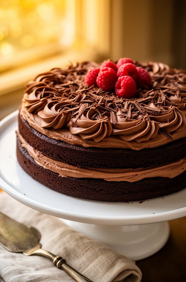 Overhead shot of the fully assembled and frosted two-layer chocolate cake on a white ceramic cake stand, thick chocolate buttercream with elegant swirl patterns on top, chocolate shavings sprinkled across the surface, a few fresh raspberries placed on top for color contrast, a linen napkin and vintage cake server beside the stand, warm golden hour lighting from a window, shallow depth of field with soft bokeh background