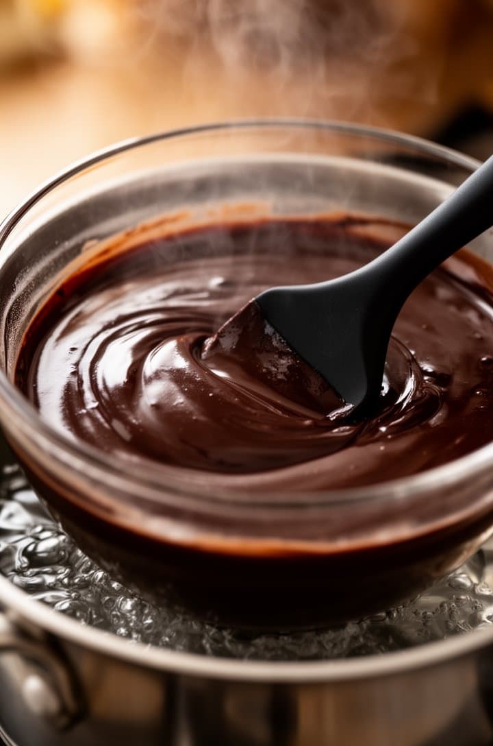 Close-up 45-degree angle of melted chocolate and butter in a clear glass bowl over a saucepan of simmering water (double boiler), the mixture is glossy and perfectly smooth with a deep dark brown color, a black silicone spatula partially submerged, steam rising from the water below, warm side lighting highlighting the glossy chocolate surface