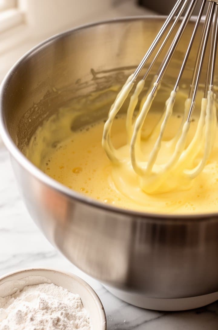 Side-angle shot of pale yellow beaten eggs and sugar in a large stainless steel mixing bowl, the mixture is thick and ribbon-like falling from electric mixer beaters, light and airy texture visible, the bowl sits on a light marble counter with a small dish of flour nearby, bright natural kitchen lighting