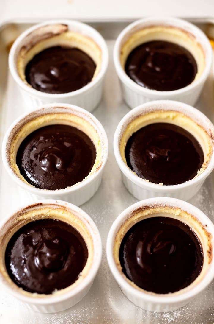 Overhead shot of six white ceramic ramekins filled three-quarters full with dark glossy chocolate lava cake batter arranged on a silver baking sheet, each ramekin interior is coated with a visible thin layer of butter and flour, the batter surface is smooth and shiny, clean bright kitchen lighting