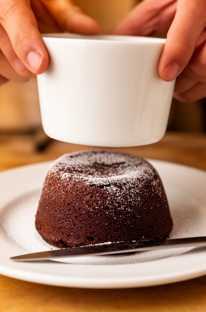 Action shot at 30-degree angle of a chocolate lava cake being unmolded — hands lifting a white ramekin straight up from a cake that has just released onto a round white dessert plate, the dome-shaped cake is intact with a dark brown exterior and light dusting of flour, a thin knife rests on the plate edge, warm ambient kitchen lighting