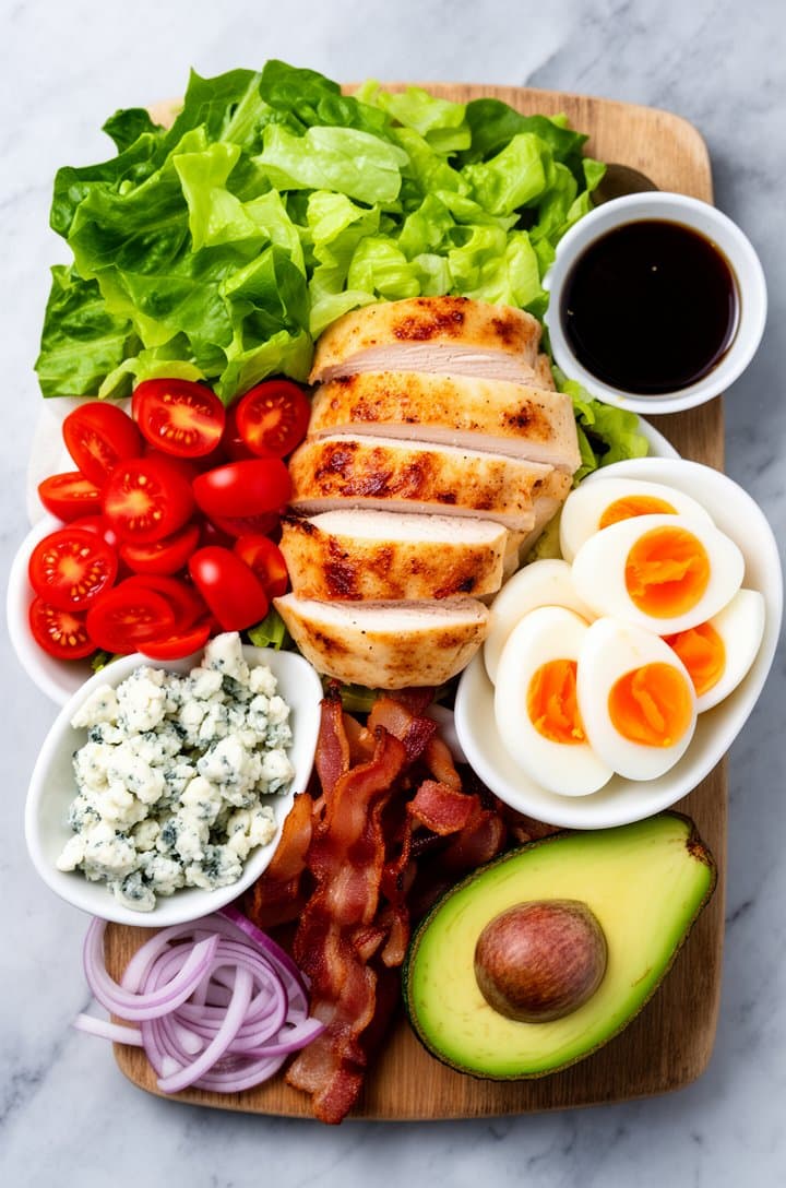 Overhead flat-lay of all Cobb salad ingredients arranged in small white bowls and on a wooden cutting board — chopped romaine lettuce, sliced cooked chicken breast with golden-brown sear marks, halved bright red cherry tomatoes, quartered hard-boiled eggs with vivid orange yolks, crumbled white blue cheese, crispy bacon strips, a whole ripe avocado cut in half showing the pit, thin red onion slices, and a small bowl of dark vinaigrette. Light grey marble surface, bright even natural lighting from above, clean organized composition