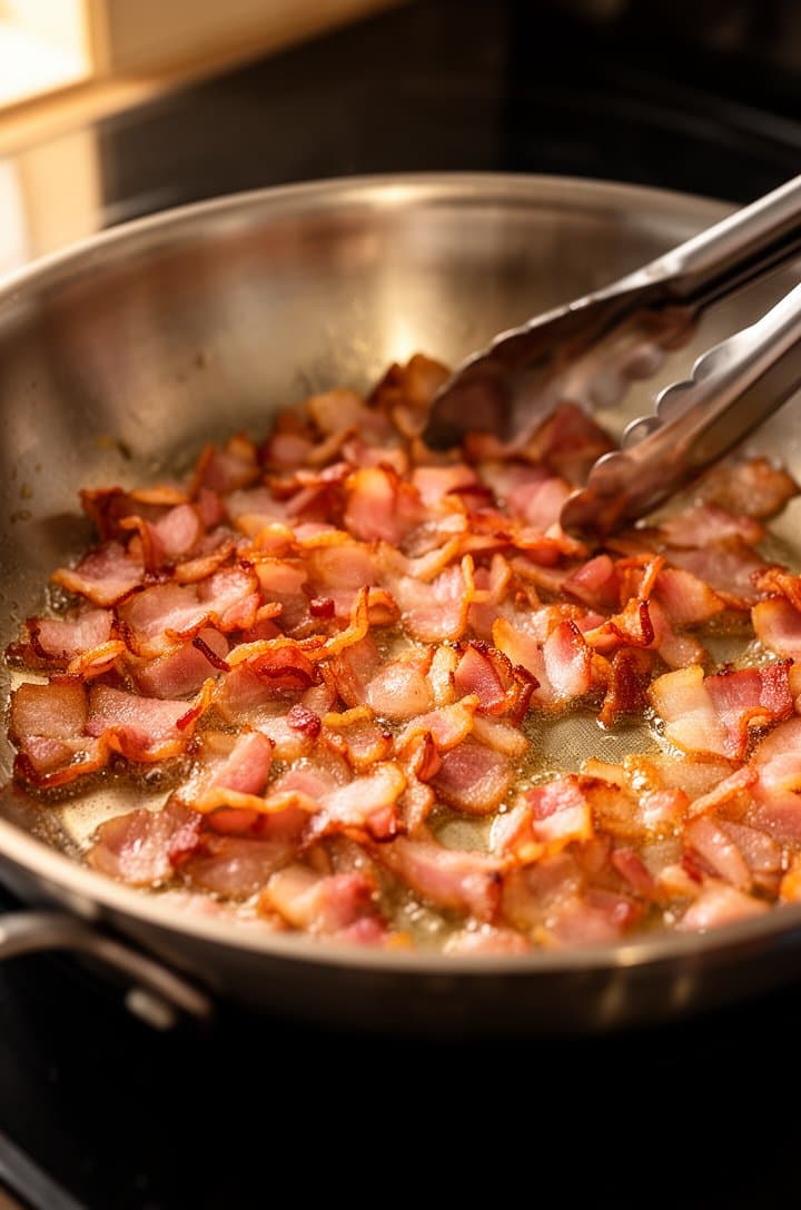 Close-up of chopped bacon sizzling in a large stainless steel skillet, pieces turning golden-brown and crispy with curled edges, rendered fat pooling around them, tongs resting on the edge of the pan, warm kitchen lighting from the left, dark stovetop background slightly blurred, appetizing and realistic