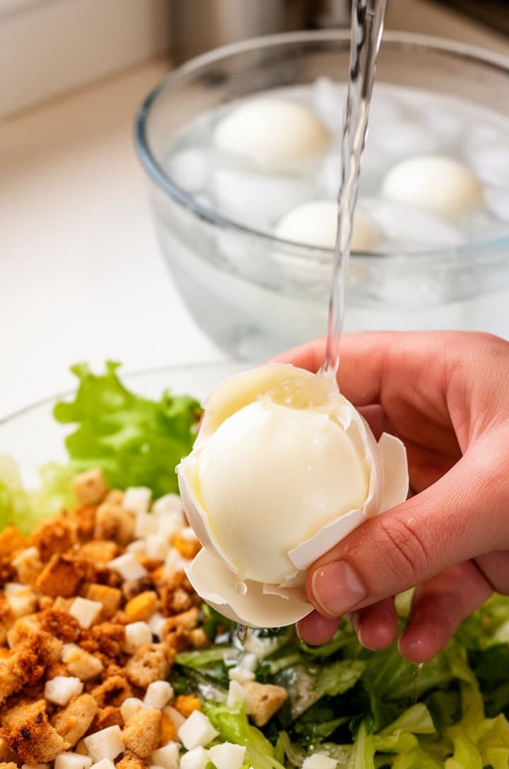 Side-angle shot of hard-boiled eggs being peeled under running water, shells half removed revealing smooth white egg surface, a bowl of ice water in the background with more eggs cooling, bright overhead kitchen lighting, clean white countertop surface