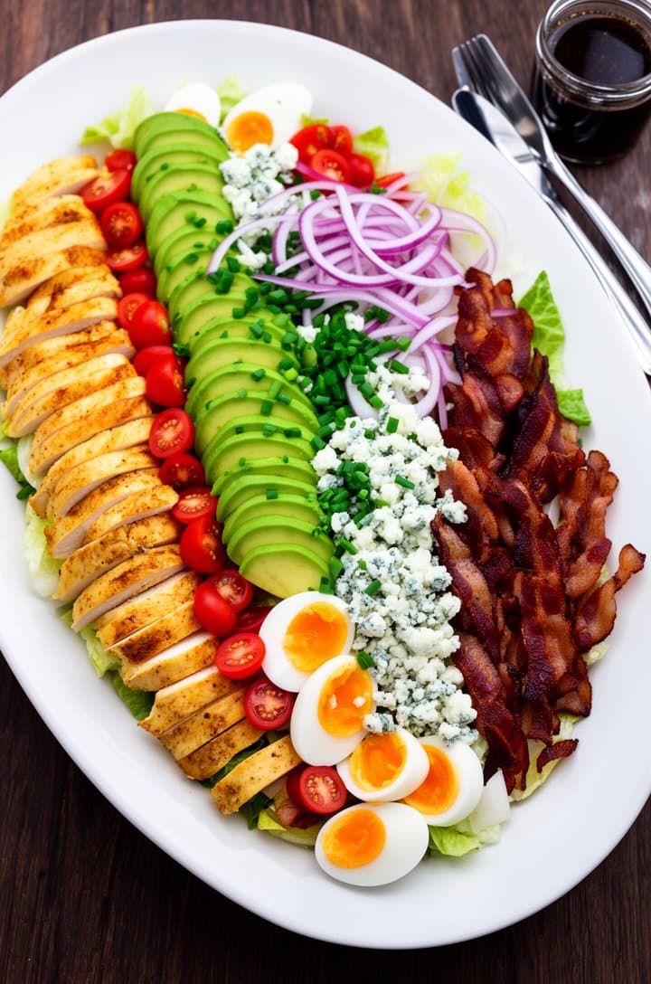 Overhead shot of the finished Cobb salad on a large white oval serving platter, all ingredients arranged in perfect colorful diagonal rows — golden sliced chicken, bright green avocado fans, red cherry tomato halves, white and orange quartered eggs, deep brown crispy bacon, white blue cheese crumbles, purple red onion rings, green chopped chives scattered on top, chopped romaine beneath everything. Small glass jar of dark vinaigrette and silver serving utensils beside the platter. Dark walnut wood surface, bright natural lighting, professional food blog photography