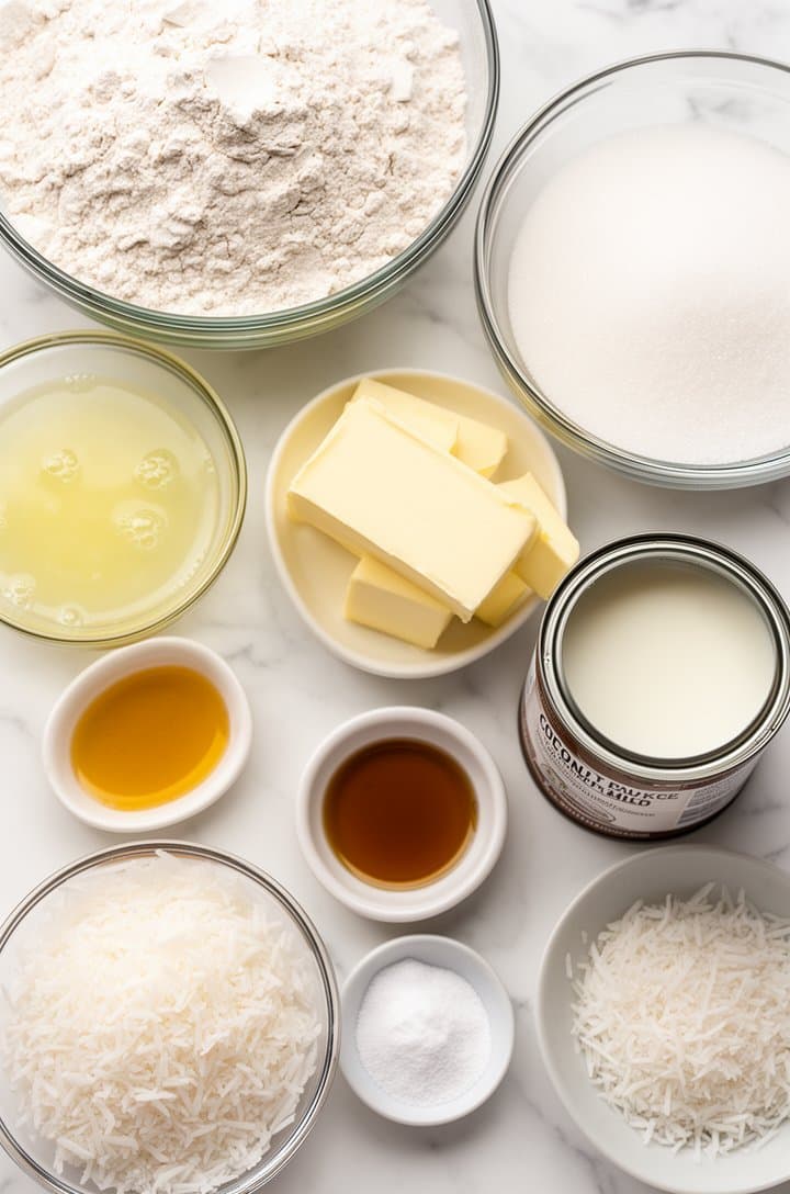 Overhead flat-lay of all coconut cake ingredients arranged on white marble — glass bowls of sifted cake flour, egg whites, granulated sugar, a block of cream cheese, sticks of butter, an open can of coconut milk, small dishes of vanilla and coconut extract, a mound of sweetened shredded coconut, baking powder and baking soda in tiny bowls, bright even natural lighting from above, clean organized composition