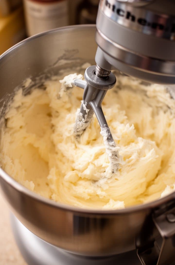 Close-up of butter and sugar being creamed in a stand mixer bowl, the mixture light and fluffy with a pale cream color, the paddle attachment visible with batter clinging to it, soft kitchen lighting, shot from slightly above looking into the bowl at a 45-degree angle