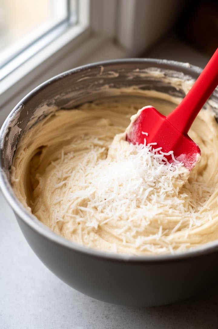 Side-angle shot of cake batter in a mixing bowl with sweetened shredded coconut being folded in with a red rubber spatula, the thick pale batter streaked with white coconut flakes, the bowl sitting on a light grey countertop, natural window light from the left