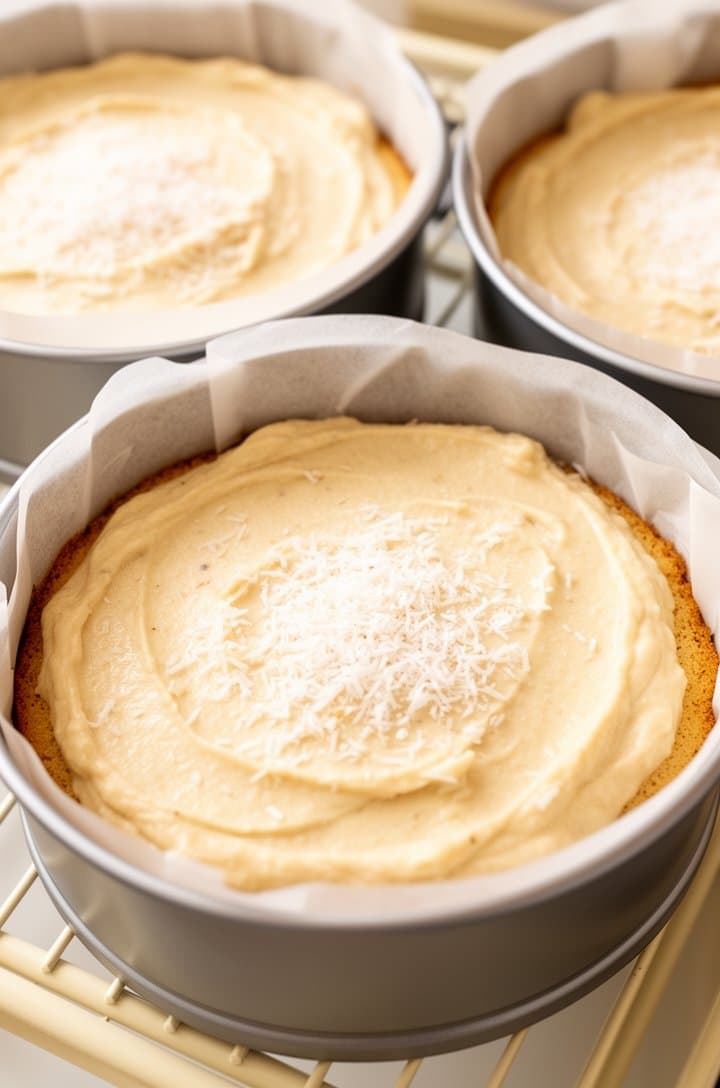 Overhead shot of three 8-inch round cake pans filled with coconut cake batter, lined with parchment paper rounds, the batter smooth and evenly divided, sitting on a light-colored oven rack, bright kitchen lighting