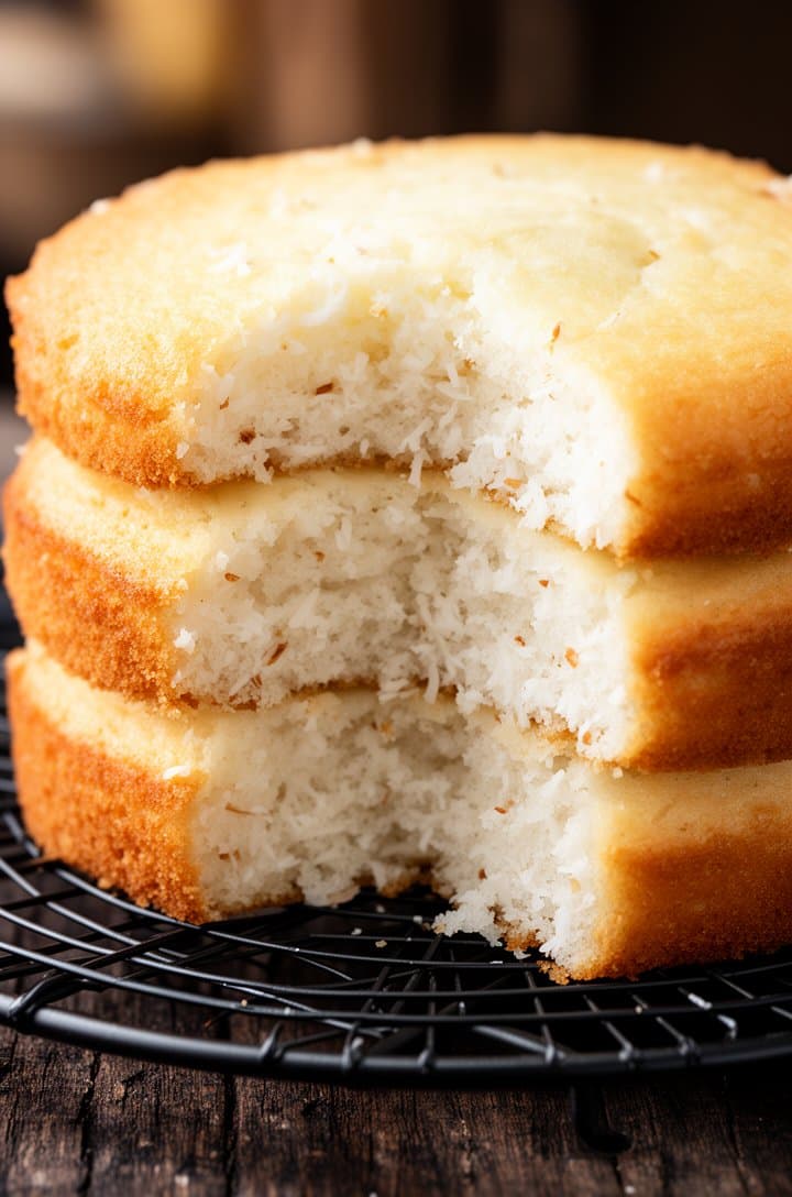 Three-quarter angle of the three baked coconut cake layers cooling on a wire rack, pale golden tops with a slight dome, one layer cut in half showing the tender white crumb with tiny coconut shreds throughout, warm natural side lighting, rustic dark wood surface