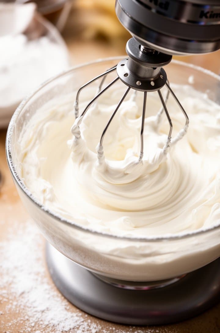 Close-up of cream cheese frosting being whipped in a stand mixer, the frosting bright white and fluffy with stiff peaks, the whisk attachment lifted showing the smooth glossy texture, confectioners' sugar dusted on the counter nearby, bright diffused lighting