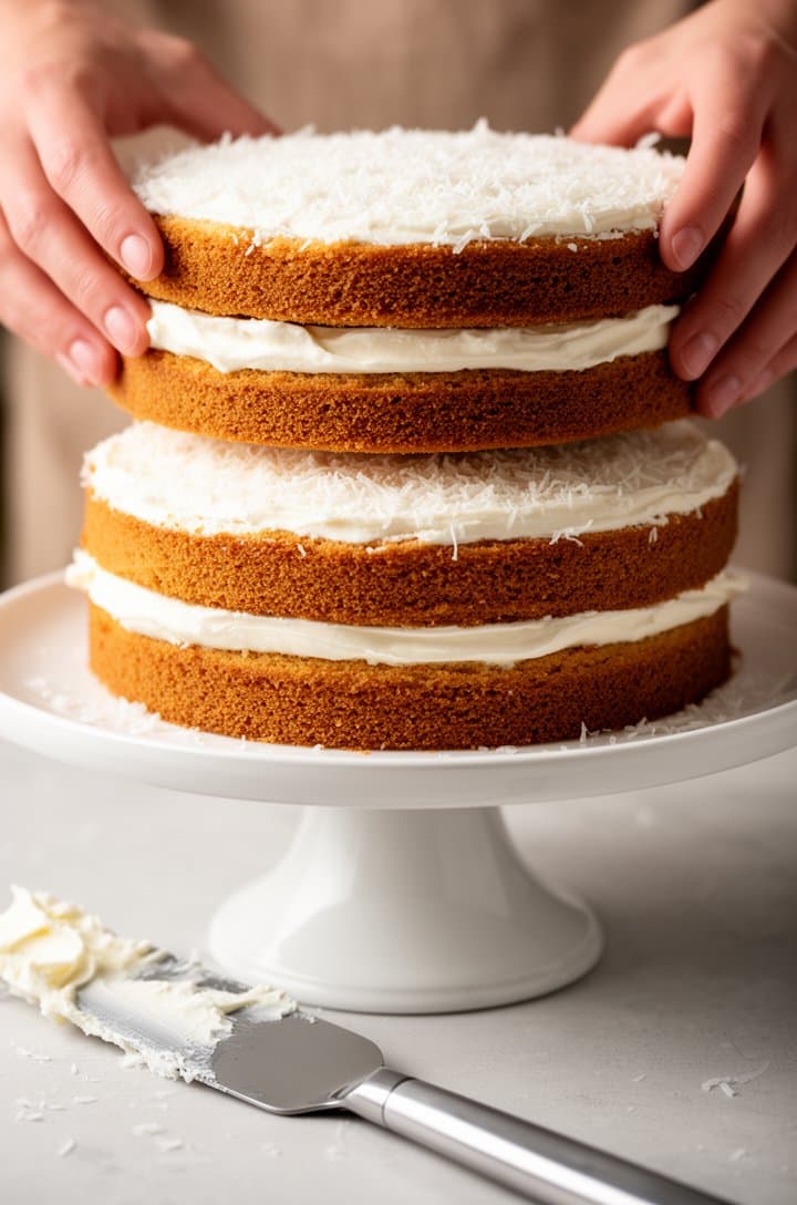 Step-by-step assembly shot from a three-quarter angle — two frosted cake layers stacked on a white ceramic pedestal stand with the third layer being placed on top by two hands, white frosting visible between the layers, an offset spatula with frosting resting on the counter, natural window lighting