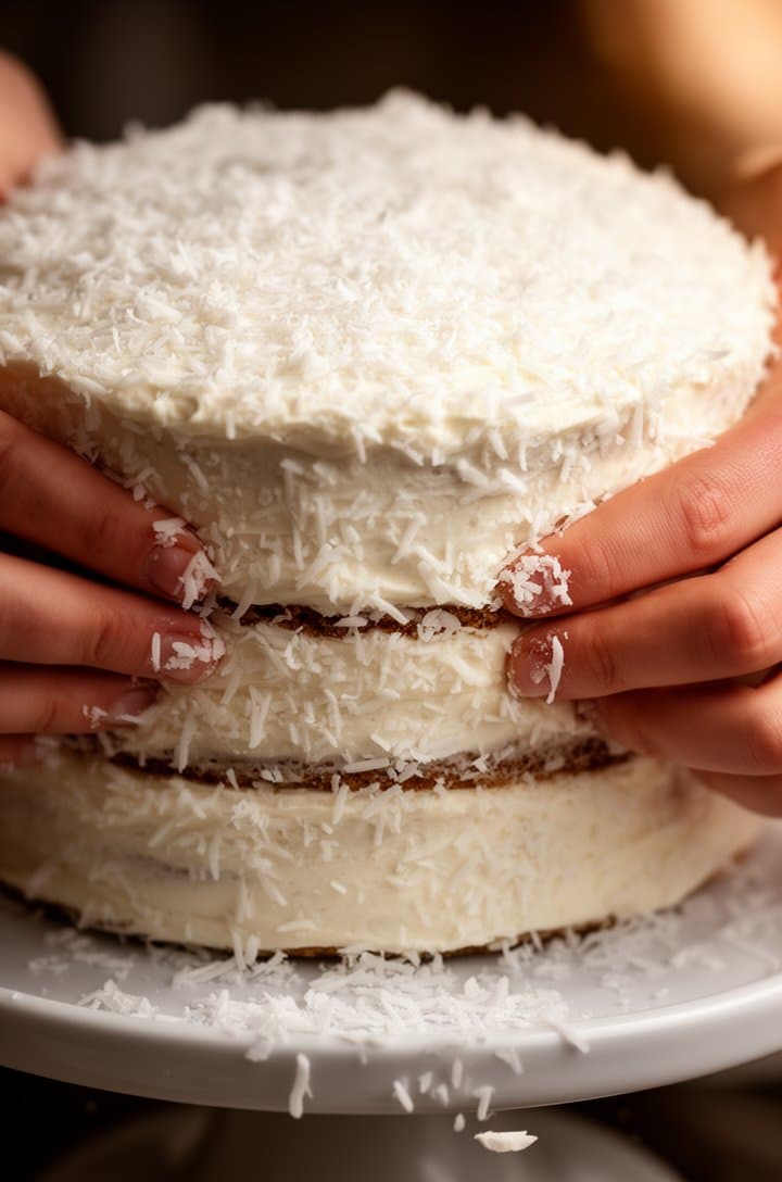 Close-up action shot of hands pressing sweetened shredded coconut onto the sides of the frosted three-layer cake, coconut flakes sticking to the white cream cheese frosting, some flakes falling onto the cake stand below, the top of the cake already covered in a thick layer of coconut, warm side lighting creating soft shadows in the coconut texture