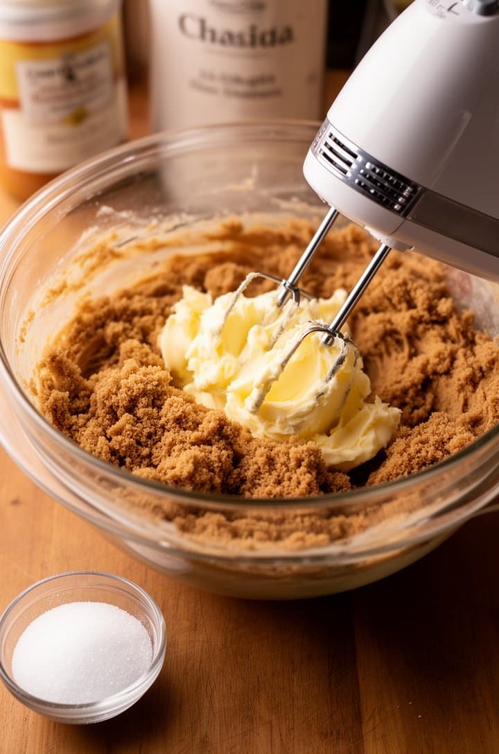 Overhead shot of softened butter and brown sugar being creamed together in a large glass mixing bowl with a hand mixer, the mixture light and fluffy with visible sugar crystals. Granulated sugar measured in a small bowl nearby. Warm kitchen lighting, wooden countertop surface, flour canister blurred in background