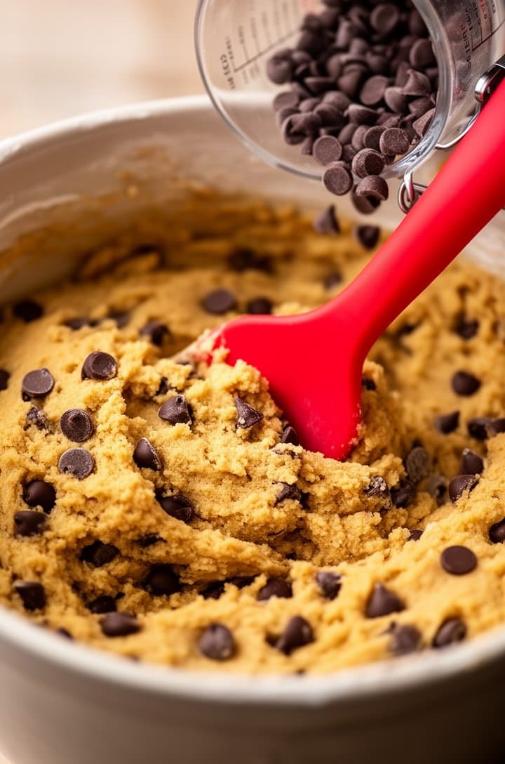 Close-up of thick cookie dough in a mixing bowl with chocolate chips being folded in with a red silicone spatula. The dough is golden-tan and chunky, chocolate chips scattered throughout. A few chips spilling from a measuring cup nearby. Natural side lighting, shallow depth of field