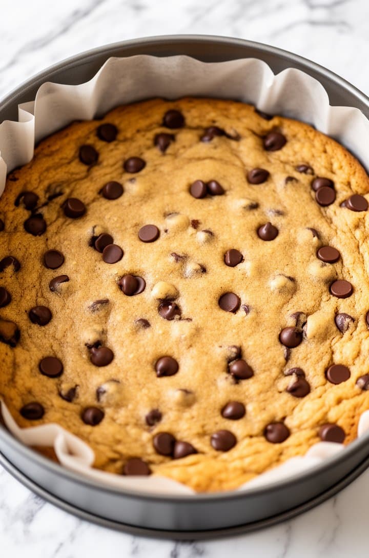 Overhead shot of cookie dough pressed into an even layer in a 9-inch round cake pan lined with parchment paper, extra chocolate chips scattered across the top surface. The dough is smooth and level, ready for the oven. Bright, clean lighting on a marble countertop