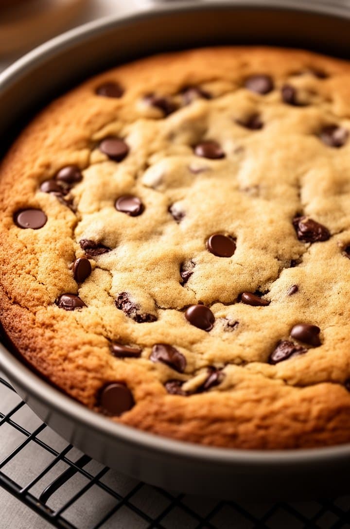 Side-angle close-up of the baked cookie cake cooling in the pan on a wire rack, golden-brown top with a slightly crackled surface and visible melted chocolate chips. The edges are set and lightly browned while the center appears soft and just barely done. Warm ambient kitchen light