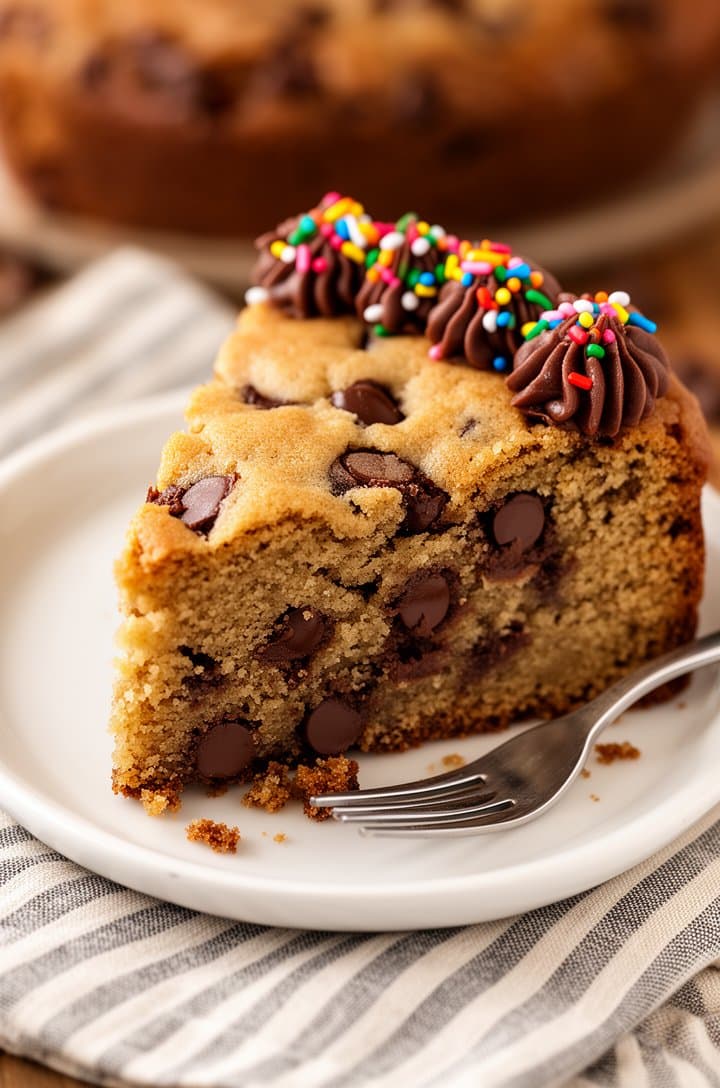 Close-up of a single triangular slice of cookie cake on a small white ceramic plate with a silver fork, chocolate fudge rosettes visible on the outer edge of the slice with rainbow sprinkles. The cross-section shows the thick, soft, chewy interior studded with gooey chocolate chips. A few crumbs on the plate. Striped linen napkin underneath, warm natural side lighting, shallow depth of field, professional food blog photography