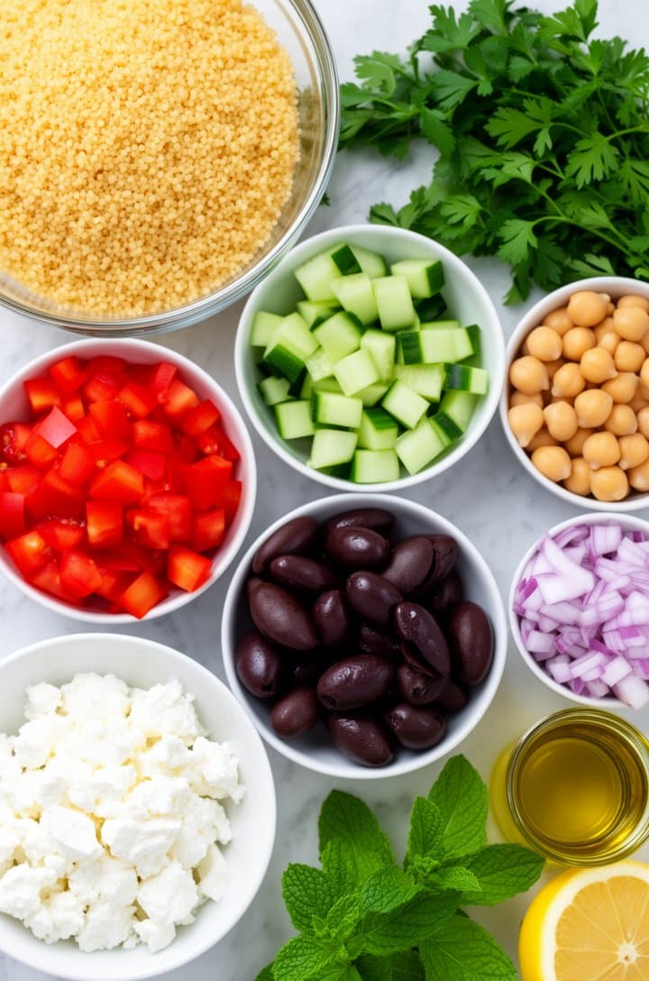 Overhead flat-lay of all couscous salad ingredients in small prep bowls on a light marble surface — dry couscous in a glass bowl, diced roma tomatoes, cubed English cucumber, sliced kalamata olives, drained chickpeas, crumbled feta, minced red onion, fresh parsley and mint sprigs, a halved lemon, and a small jar of extra-virgin olive oil. Bright even natural lighting, clean organized composition, every ingredient clearly visible and vibrant