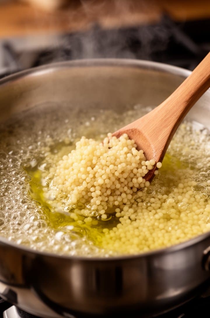 Close-up of couscous being stirred into boiling water in a stainless steel saucepan, tiny grains suspended in bubbling water with olive oil shimmering on the surface, a wooden spoon mid-stir, steam rising, warm overhead kitchen lighting, shallow depth of field with the stovetop blurred in the background