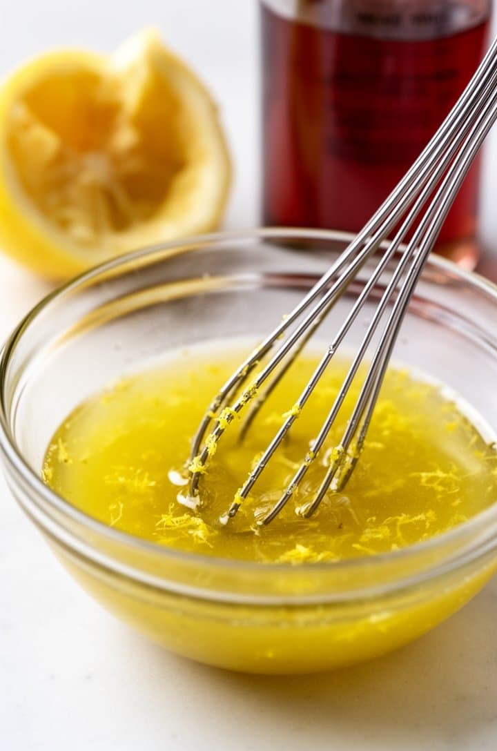 45-degree angle shot of the lemon dressing being whisked in a small glass bowl — golden olive oil emulsifying with bright yellow lemon juice, visible lemon zest flecks, a small whisk in motion creating a creamy emulsion, a squeezed lemon half and red wine vinegar bottle blurred in the background, natural side lighting on a white countertop