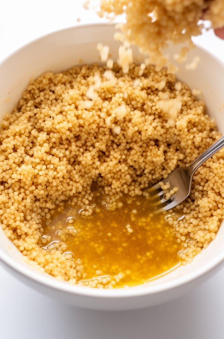 Overhead shot of warm fluffed couscous being added to the large bowl of dressing, some grains catching the light, the golden dressing pooling at the bottom of a white ceramic bowl, a fork used for tossing, bright natural lighting from above, clean white surface