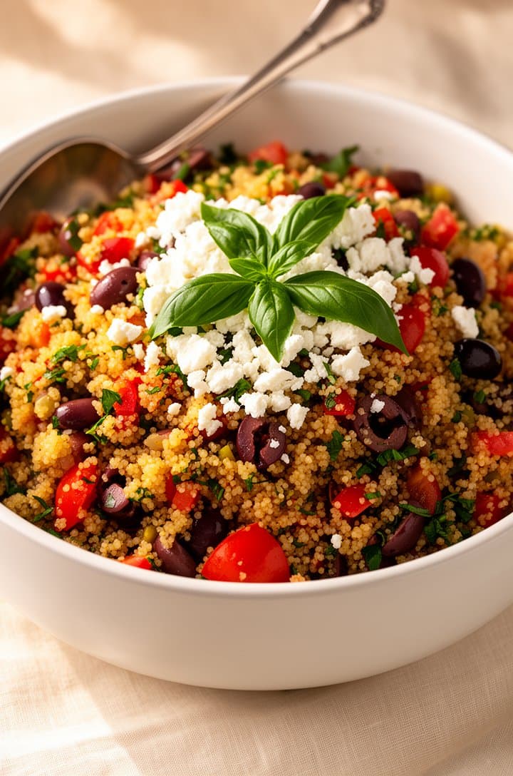 Close-up straight-on shot of the finished Mediterranean couscous salad mounded generously in a wide white ceramic bowl, garnished with extra crumbled feta and torn fresh basil leaves on top, vibrant colors of red tomatoes, green herbs, purple olives, and golden couscous visible throughout, a silver serving spoon resting against the bowl edge, warm natural side lighting creating gentle shadows, soft cream-colored linen underneath