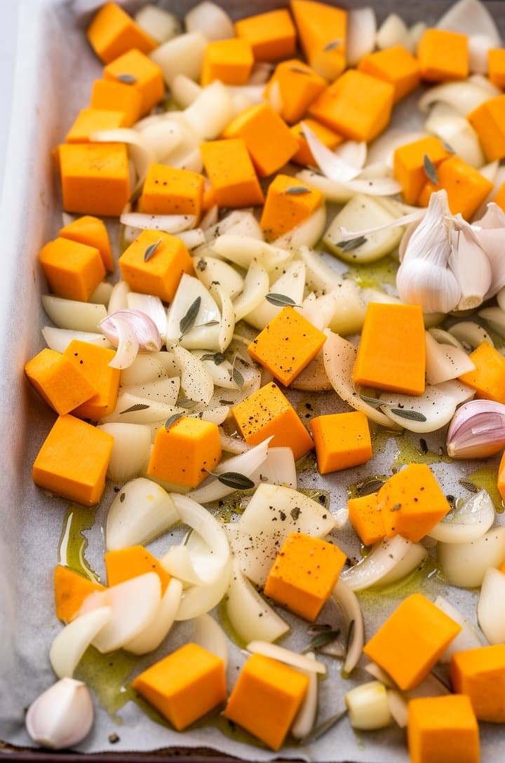 Overhead flat-lay of raw butternut squash cubes, onion chunks, and unpeeled garlic cloves spread on a parchment-lined baking sheet, drizzled with olive oil and sprinkled with dried sage and pepper. The squash is bright orange, the onion is pale gold, and the garlic is papery white. Bright natural overhead lighting, clean and organized mise en place style, light neutral background visible around the sheet pan edges