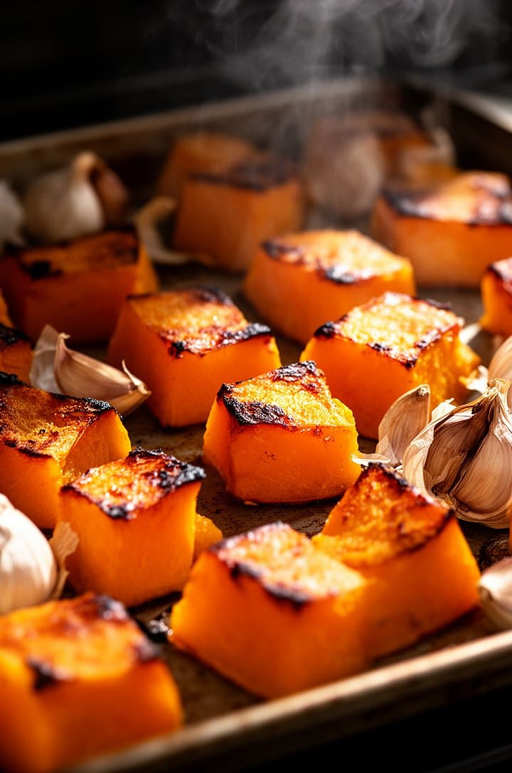 Close-up 30-degree angle of deeply caramelized roasted butternut squash cubes on the baking sheet fresh from the oven. The edges are golden-brown and slightly charred, the centers are soft and vibrant orange. Roasted garlic cloves with softened papery skins visible among the squash. Warm directional side lighting creating long shadows, steam rising, rustic and inviting