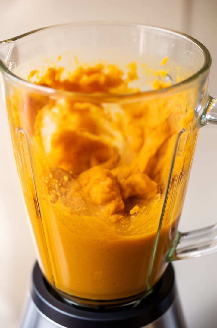 Action shot of roasted butternut squash, onion, garlic, and broth inside a blender, captured mid-blend with the sauce partially smooth and partially chunky. The mixture is a vibrant golden-orange color. Shot from slightly above at a 45-degree angle, bright kitchen lighting, clean modern blender against a neutral background