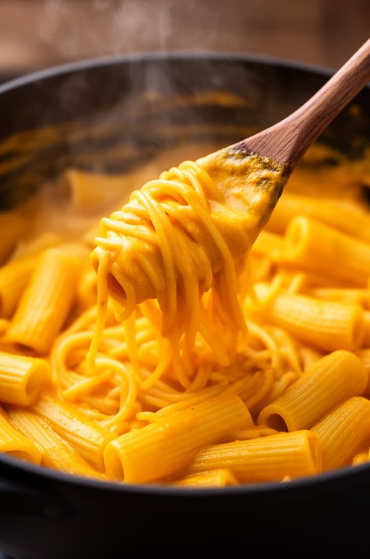 Close-up side angle of the velvety butternut squash sauce being stirred into cooked rigatoni in a large dark pot. A wooden spoon lifts a tangle of sauce-coated pasta tubes. The sauce is smooth, glossy, and golden-orange, clinging to the ridged pasta. Warm side lighting, steam rising, shallow depth of field with the far side of the pot blurred