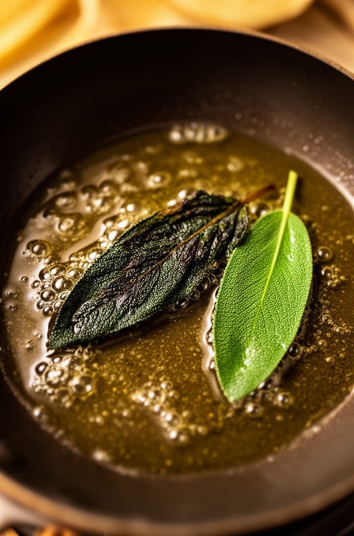 Tight close-up of sage leaves frying in a small skillet with shimmering olive oil, the leaves darkening and curling at the edges, tiny bubbles surrounding them. One leaf is perfectly crispy dark green, another is still bright green and freshly placed. Shot from directly above, warm golden lighting, shallow depth of field, the dark skillet filling most of the frame